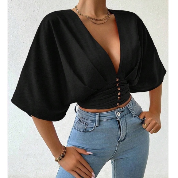 Vibrant Orange Button detail shirred Kimono Sleeve Blouse - Picture 6 of 11